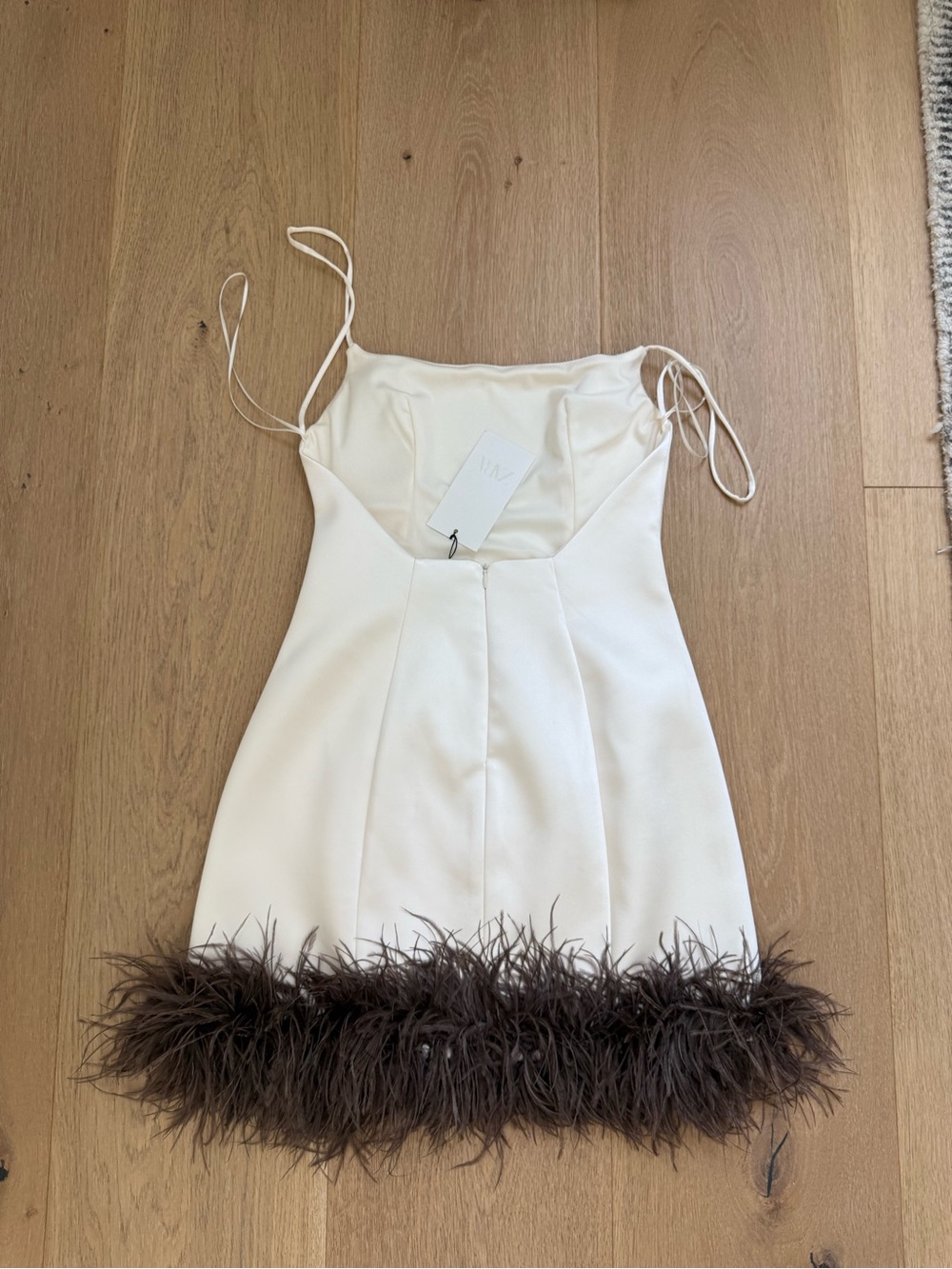Zara Viral Feather Trim Mini Dress Ivory Brown Size S NWT - Picture 6 of 9